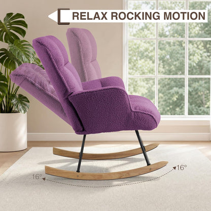 Rocking Chair Nursery Teddy Upholstered Glider Rocker Rocking Accent Chair Padded Seat with High Backrest Armchair Comfy Side Chair for Living Room Bedroom Offices (Grey Teddy)