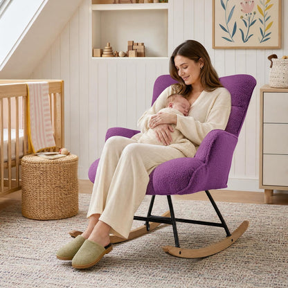 Rocking Chair Nursery Teddy Upholstered Glider Rocker Rocking Accent Chair Padded Seat with High Backrest Armchair Comfy Side Chair for Living Room Bedroom Offices (Grey Teddy)