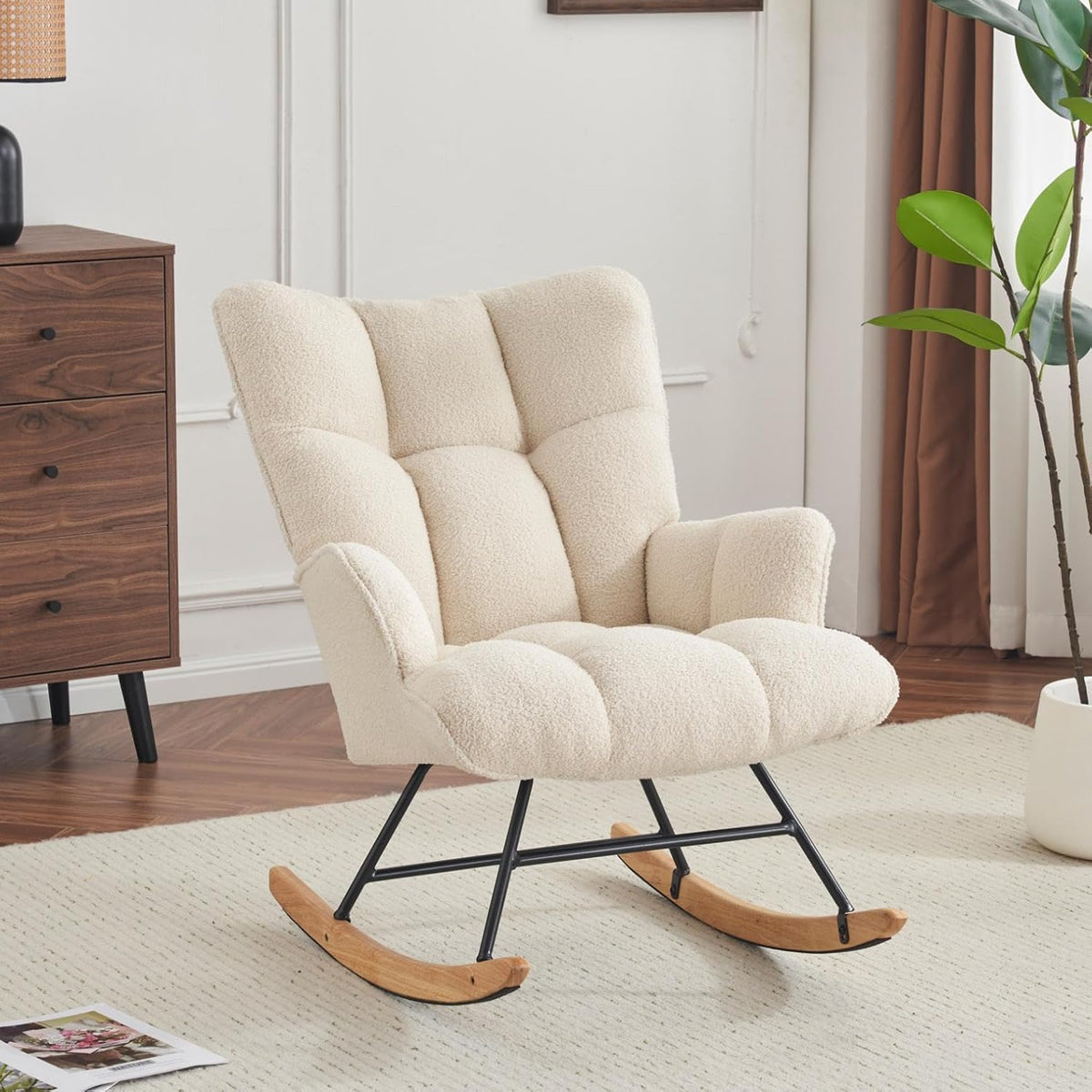 Rocking Chair Nursery Teddy Upholstered Glider Rocker Rocking Accent Chair Padded Seat with High Backrest Armchair Comfy Side Chair for Living Room Bedroom Offices (Grey Teddy)
