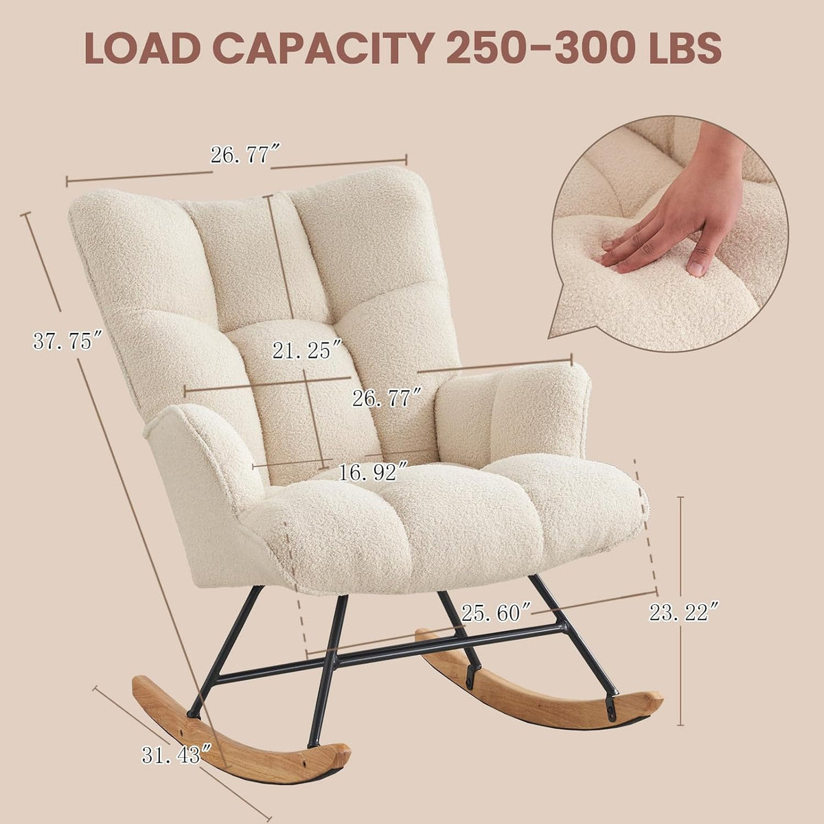 Rocking Chair Nursery Teddy Upholstered Glider Rocker Rocking Accent Chair Padded Seat with High Backrest Armchair Comfy Side Chair for Living Room Bedroom Offices (Grey Teddy)