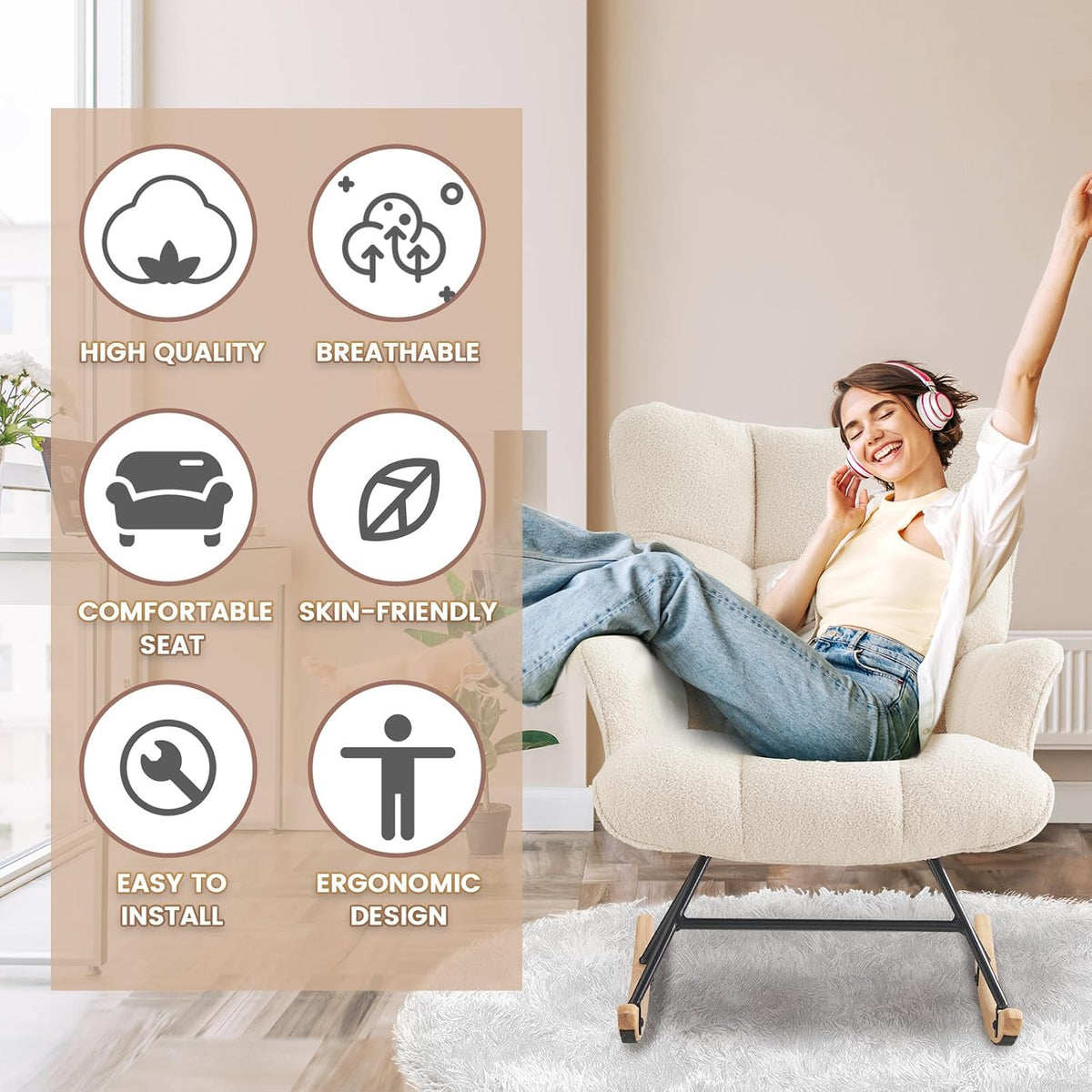 Rocking Chair Nursery Teddy Upholstered Glider Rocker Rocking Accent Chair Padded Seat with High Backrest Armchair Comfy Side Chair for Living Room Bedroom Offices (Grey Teddy)