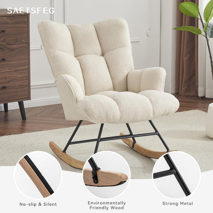 Rocking Chair Nursery Teddy Upholstered Glider Rocker Rocking Accent Chair Padded Seat with High Backrest Armchair Comfy Side Chair for Living Room Bedroom Offices (Grey Teddy)