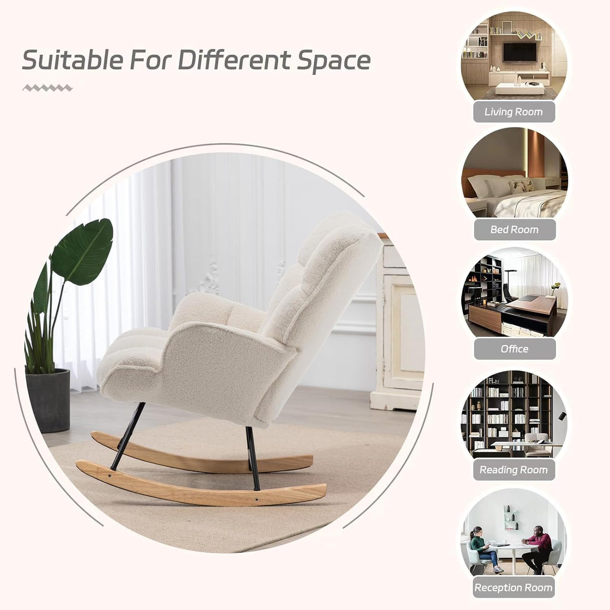 Rocking Chair Nursery Teddy Upholstered Glider Rocker Rocking Accent Chair Padded Seat with High Backrest Armchair Comfy Side Chair for Living Room Bedroom Offices (Grey Teddy)