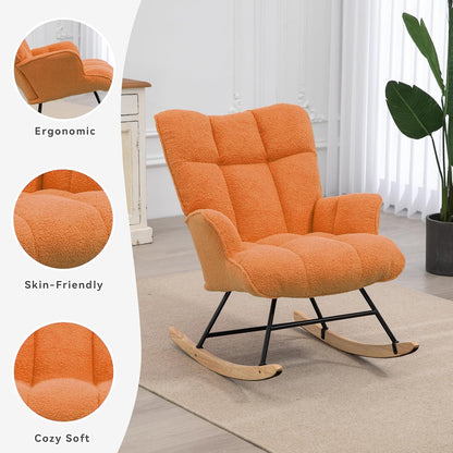 Rocking Chair Nursery Teddy Upholstered Glider Rocker Rocking Accent Chair Padded Seat with High Backrest Armchair Comfy Side Chair for Living Room Bedroom Offices (Grey Teddy)