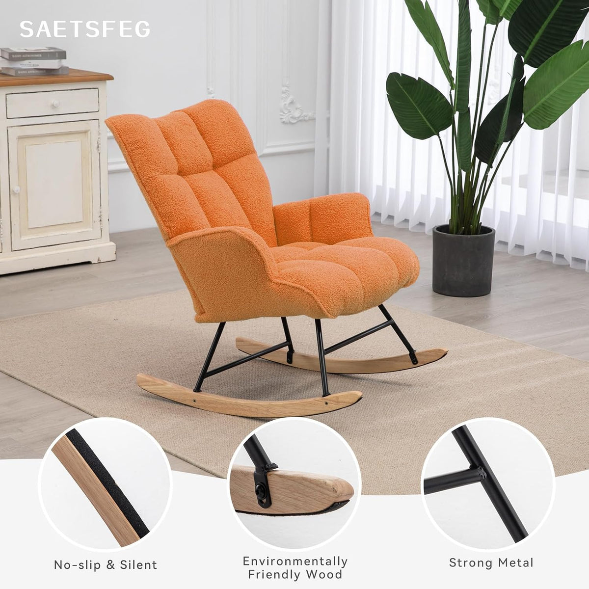 Rocking Chair Nursery Teddy Upholstered Glider Rocker Rocking Accent Chair Padded Seat with High Backrest Armchair Comfy Side Chair for Living Room Bedroom Offices (Grey Teddy)