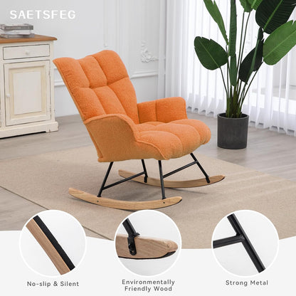 Rocking Chair Nursery Teddy Upholstered Glider Rocker Rocking Accent Chair Padded Seat with High Backrest Armchair Comfy Side Chair for Living Room Bedroom Offices (Grey Teddy)