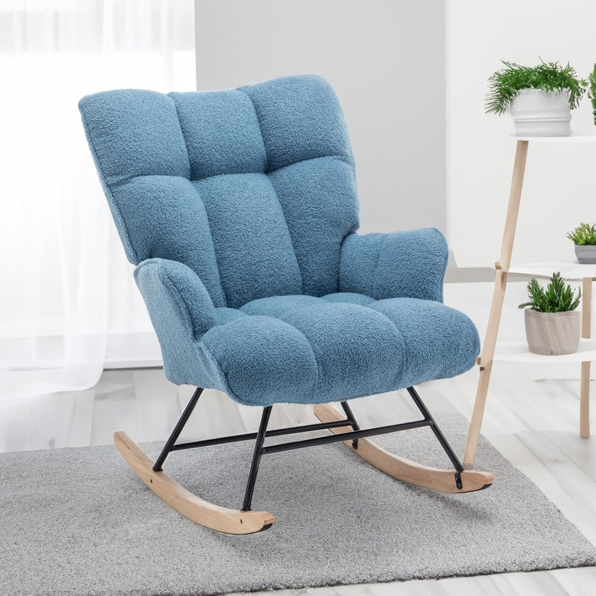 Rocking Chair Nursery Teddy Upholstered Glider Rocker Rocking Accent Chair Padded Seat with High Backrest Armchair Comfy Side Chair for Living Room Bedroom Offices (Grey Teddy)