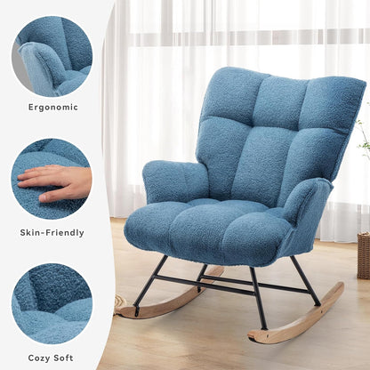Rocking Chair Nursery Teddy Upholstered Glider Rocker Rocking Accent Chair Padded Seat with High Backrest Armchair Comfy Side Chair for Living Room Bedroom Offices (Grey Teddy)