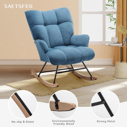 Rocking Chair Nursery Teddy Upholstered Glider Rocker Rocking Accent Chair Padded Seat with High Backrest Armchair Comfy Side Chair for Living Room Bedroom Offices (Grey Teddy)