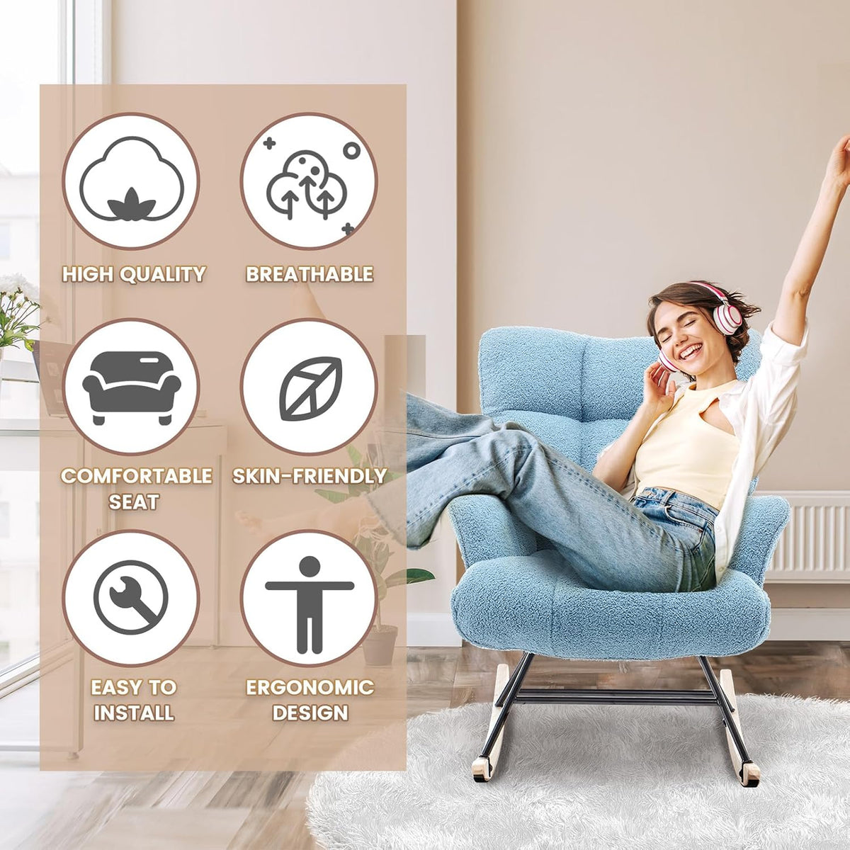 Rocking Chair Nursery Teddy Upholstered Glider Rocker Rocking Accent Chair Padded Seat with High Backrest Armchair Comfy Side Chair for Living Room Bedroom Offices (Grey Teddy)