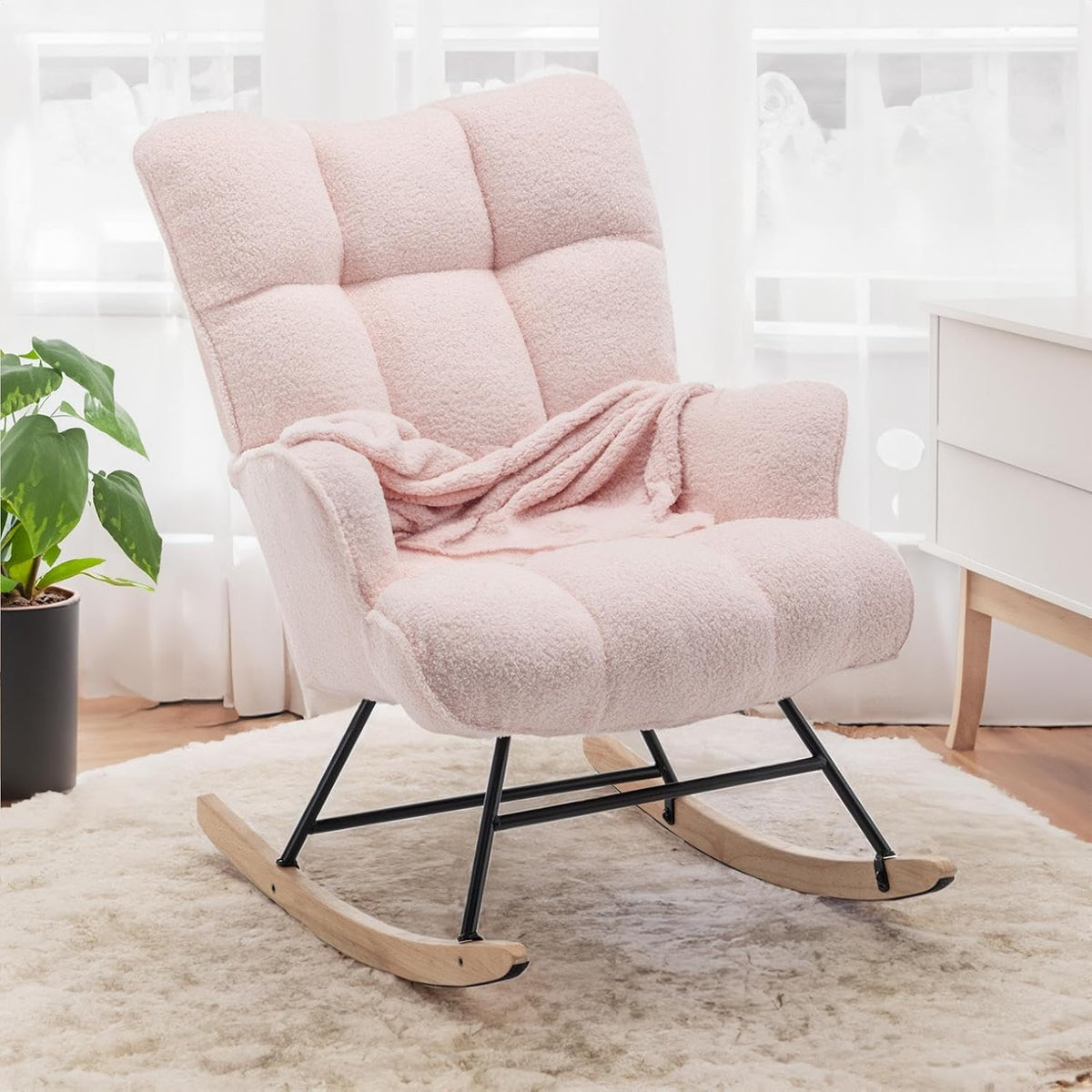 Rocking Chair Nursery Teddy Upholstered Glider Rocker Rocking Accent Chair Padded Seat with High Backrest Armchair Comfy Side Chair for Living Room Bedroom Offices (Grey Teddy)