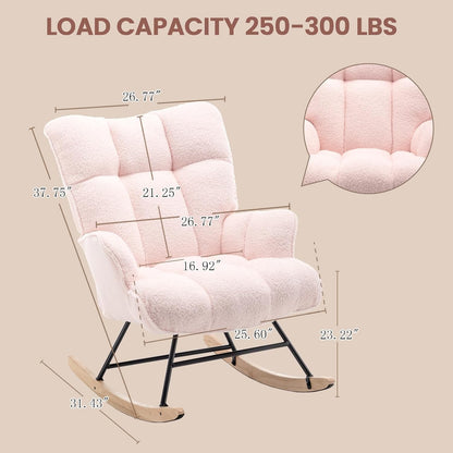 Rocking Chair Nursery Teddy Upholstered Glider Rocker Rocking Accent Chair Padded Seat with High Backrest Armchair Comfy Side Chair for Living Room Bedroom Offices (Grey Teddy)