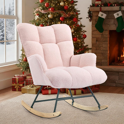Rocking Chair Nursery Teddy Upholstered Glider Rocker Rocking Accent Chair Padded Seat with High Backrest Armchair Comfy Side Chair for Living Room Bedroom Offices (Grey Teddy)