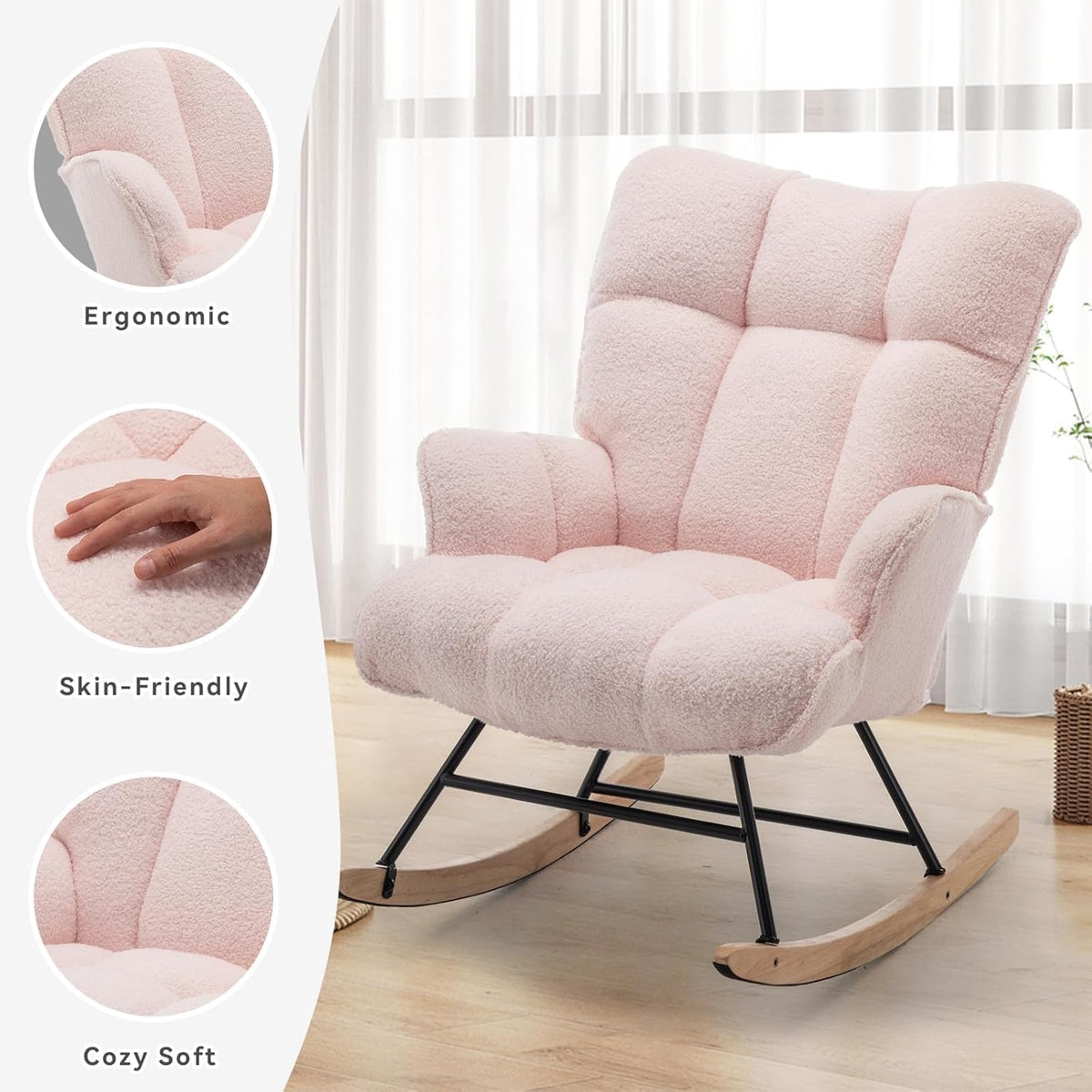 Rocking Chair Nursery Teddy Upholstered Glider Rocker Rocking Accent Chair Padded Seat with High Backrest Armchair Comfy Side Chair for Living Room Bedroom Offices (Grey Teddy)