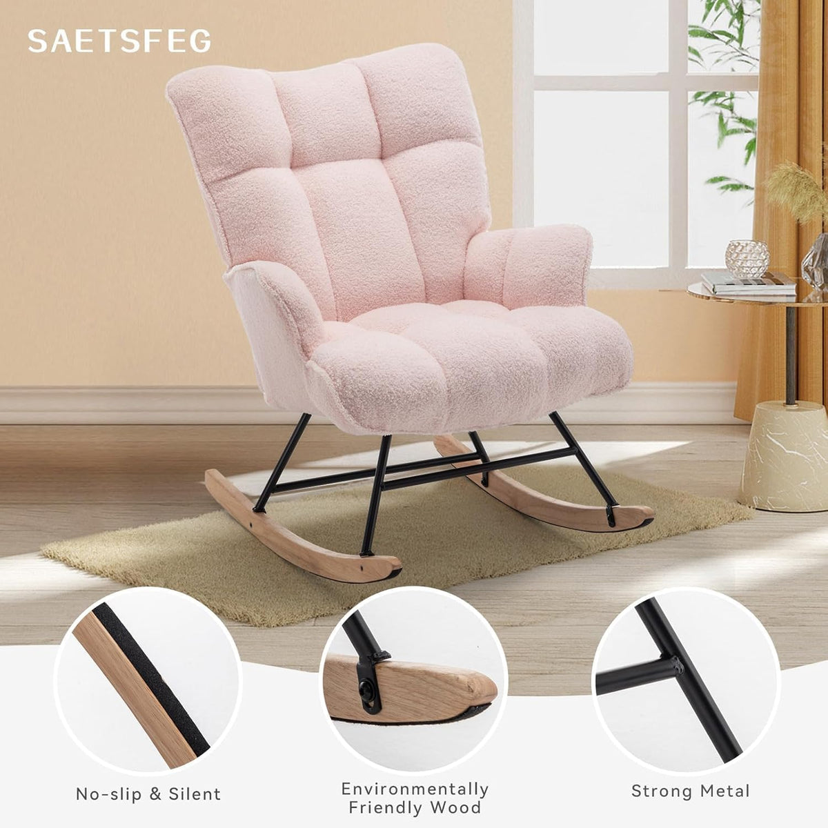 Rocking Chair Nursery Teddy Upholstered Glider Rocker Rocking Accent Chair Padded Seat with High Backrest Armchair Comfy Side Chair for Living Room Bedroom Offices (Grey Teddy)
