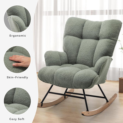 Rocking Chair Nursery Teddy Upholstered Glider Rocker Rocking Accent Chair Padded Seat with High Backrest Armchair Comfy Side Chair for Living Room Bedroom Offices (Grey Teddy)
