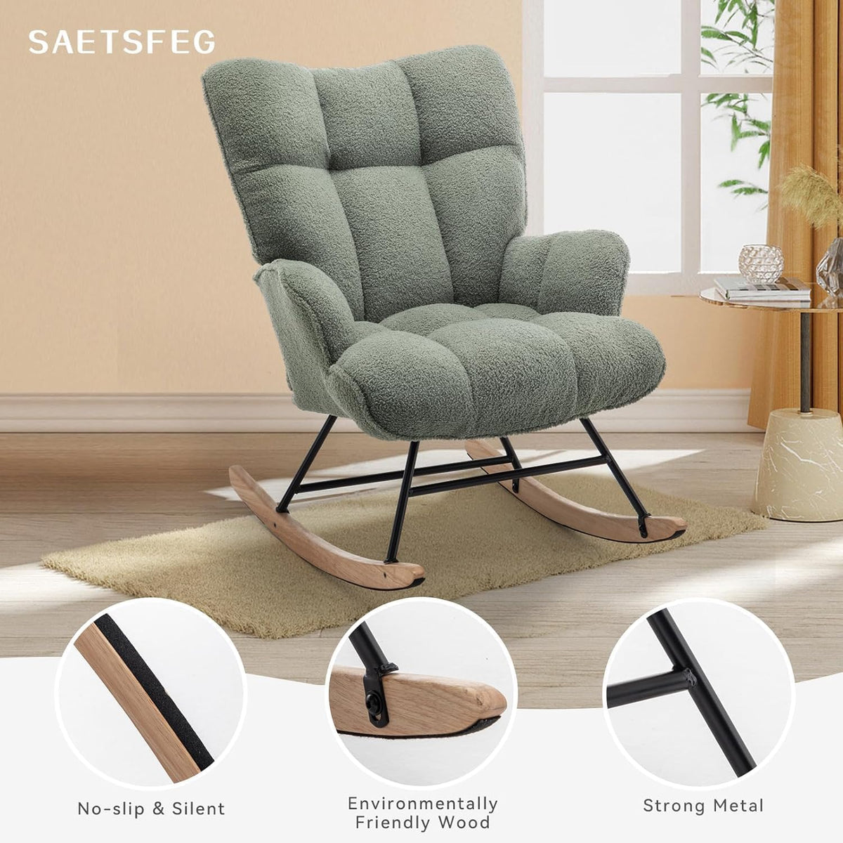 Rocking Chair Nursery Teddy Upholstered Glider Rocker Rocking Accent Chair Padded Seat with High Backrest Armchair Comfy Side Chair for Living Room Bedroom Offices (Grey Teddy)