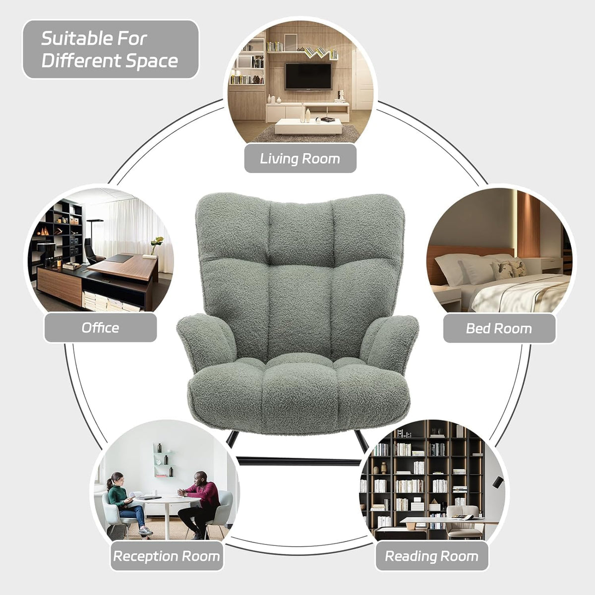 Rocking Chair Nursery Teddy Upholstered Glider Rocker Rocking Accent Chair Padded Seat with High Backrest Armchair Comfy Side Chair for Living Room Bedroom Offices (Grey Teddy)
