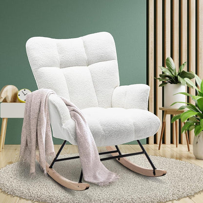 Rocking Chair Nursery Teddy Upholstered Glider Rocker Rocking Accent Chair Padded Seat with High Backrest Armchair Comfy Side Chair for Living Room Bedroom Offices (Grey Teddy)