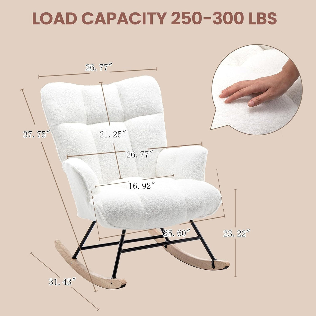 Rocking Chair Nursery Teddy Upholstered Glider Rocker Rocking Accent Chair Padded Seat with High Backrest Armchair Comfy Side Chair for Living Room Bedroom Offices (Grey Teddy)