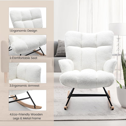 Rocking Chair Nursery Teddy Upholstered Glider Rocker Rocking Accent Chair Padded Seat with High Backrest Armchair Comfy Side Chair for Living Room Bedroom Offices (Grey Teddy)