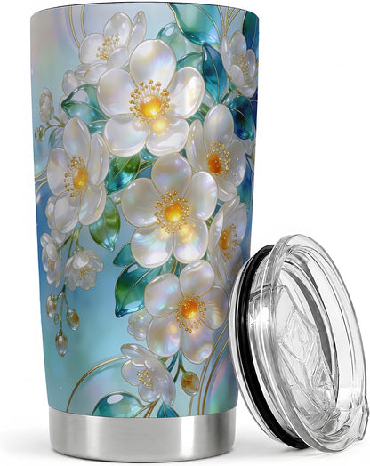 White Blossom Floral Art 20oz Tumbler, White Flower Tumbler, Travel Drinkware with Clear Lid, Iridescent Petal Garden Design, Botanical Cup for Women, Gardeners, and Flower Lovers