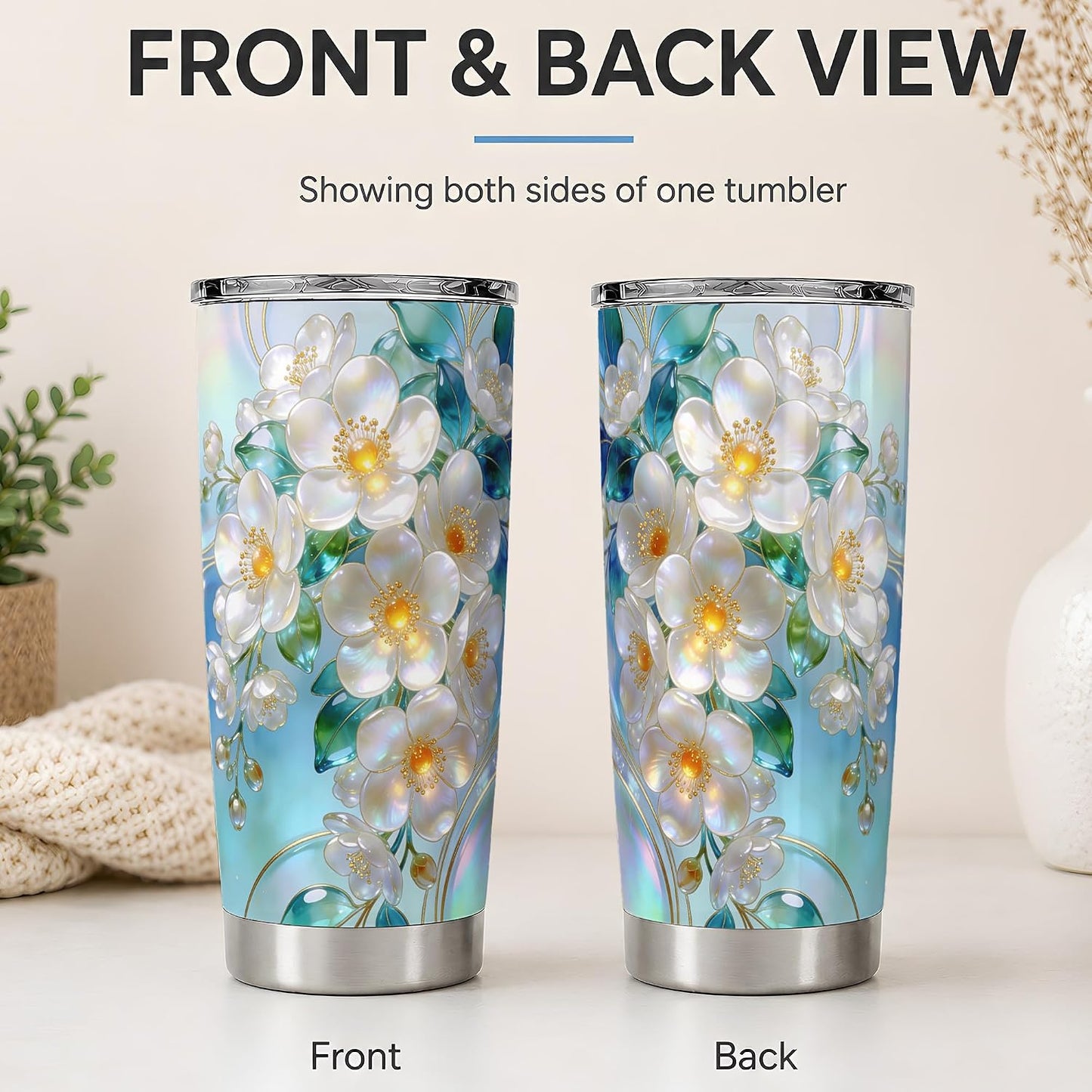 White Blossom Floral Art 20oz Tumbler, White Flower Tumbler, Travel Drinkware with Clear Lid, Iridescent Petal Garden Design, Botanical Cup for Women, Gardeners, and Flower Lovers