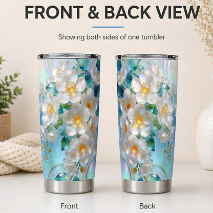 White Blossom Floral Art 20oz Tumbler, White Flower Tumbler, Travel Drinkware with Clear Lid, Iridescent Petal Garden Design, Botanical Cup for Women, Gardeners, and Flower Lovers