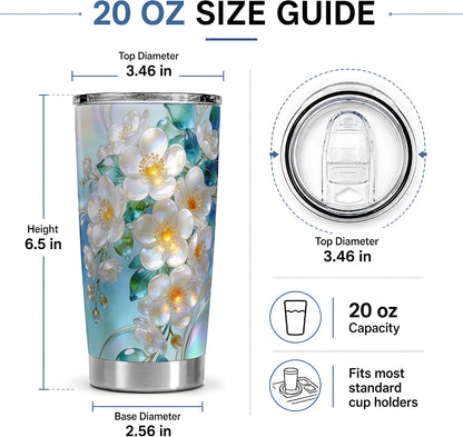 White Blossom Floral Art 20oz Tumbler, White Flower Tumbler, Travel Drinkware with Clear Lid, Iridescent Petal Garden Design, Botanical Cup for Women, Gardeners, and Flower Lovers