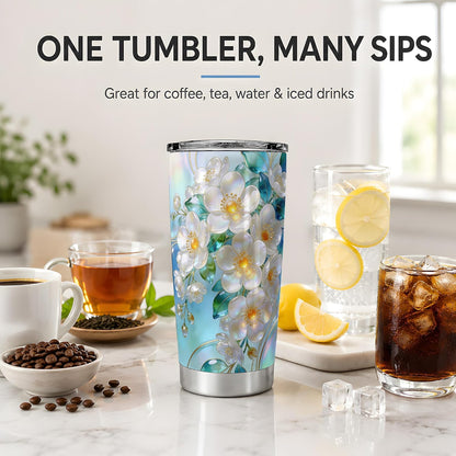 White Blossom Floral Art 20oz Tumbler, White Flower Tumbler, Travel Drinkware with Clear Lid, Iridescent Petal Garden Design, Botanical Cup for Women, Gardeners, and Flower Lovers