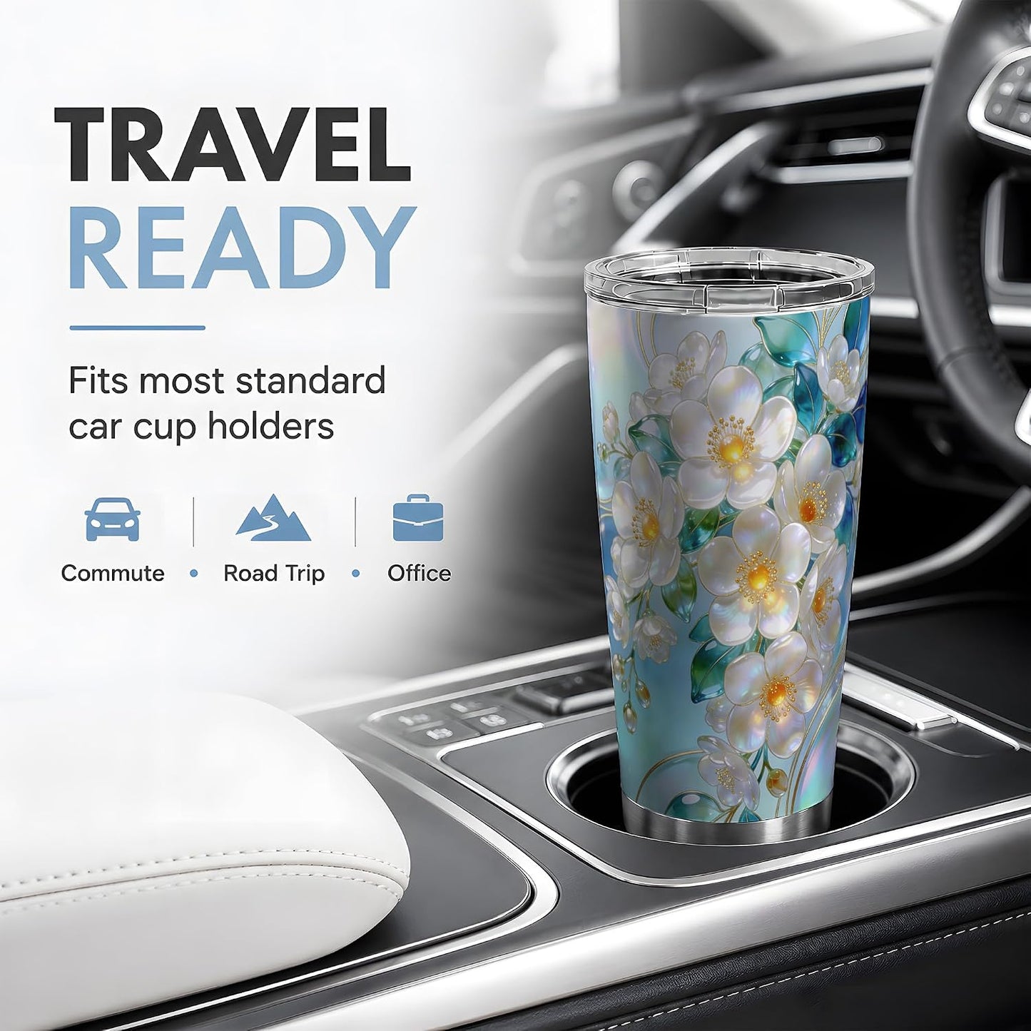 White Blossom Floral Art 20oz Tumbler, White Flower Tumbler, Travel Drinkware with Clear Lid, Iridescent Petal Garden Design, Botanical Cup for Women, Gardeners, and Flower Lovers