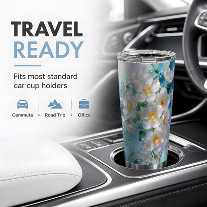 White Blossom Floral Art 20oz Tumbler, White Flower Tumbler, Travel Drinkware with Clear Lid, Iridescent Petal Garden Design, Botanical Cup for Women, Gardeners, and Flower Lovers