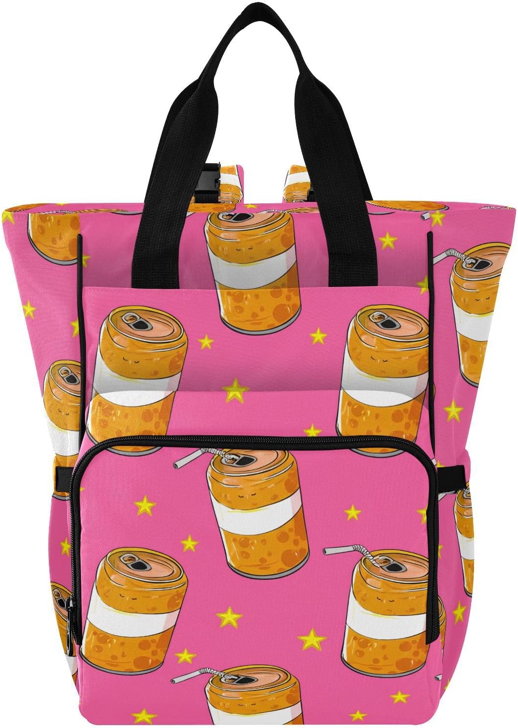 Diaper Bag Backpack, Multifunction Travel Bag for Moms Dads, Baby Changing Bag with Insulted Pockets, Stroller Straps and Side Bottle Pockets Orange Drink Pattern