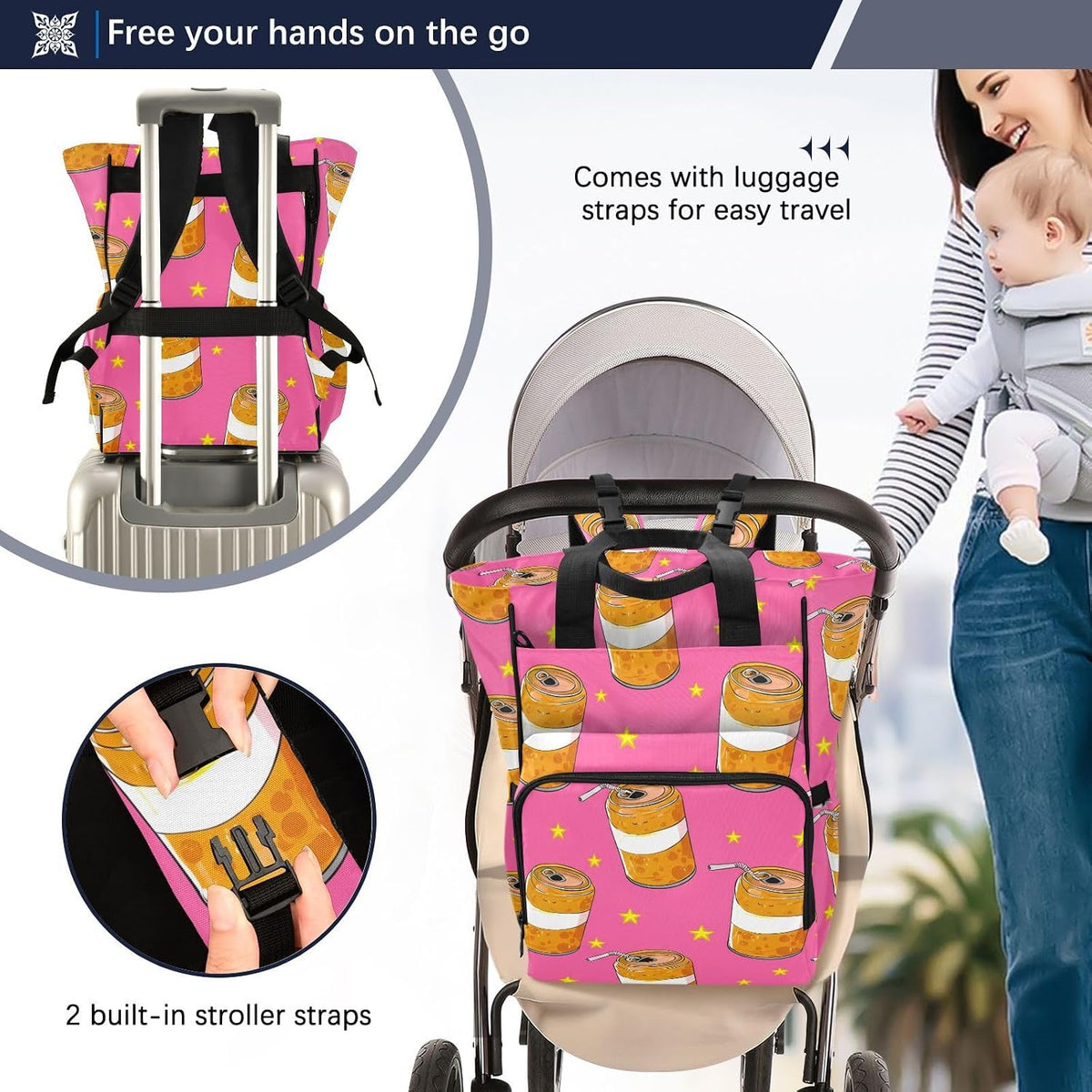 Diaper Bag Backpack, Multifunction Travel Bag for Moms Dads, Baby Changing Bag with Insulted Pockets, Stroller Straps and Side Bottle Pockets Orange Drink Pattern