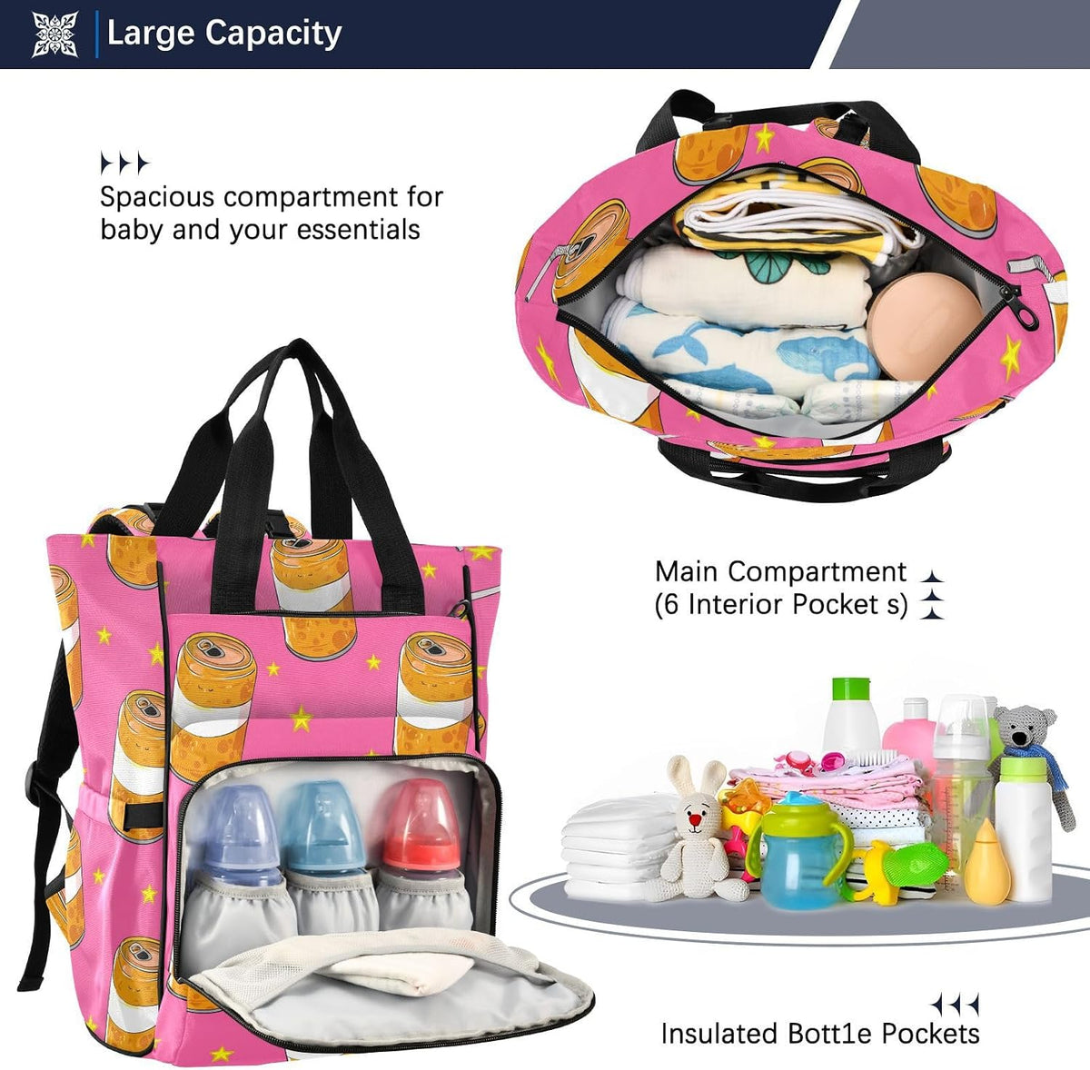 Diaper Bag Backpack, Multifunction Travel Bag for Moms Dads, Baby Changing Bag with Insulted Pockets, Stroller Straps and Side Bottle Pockets Orange Drink Pattern