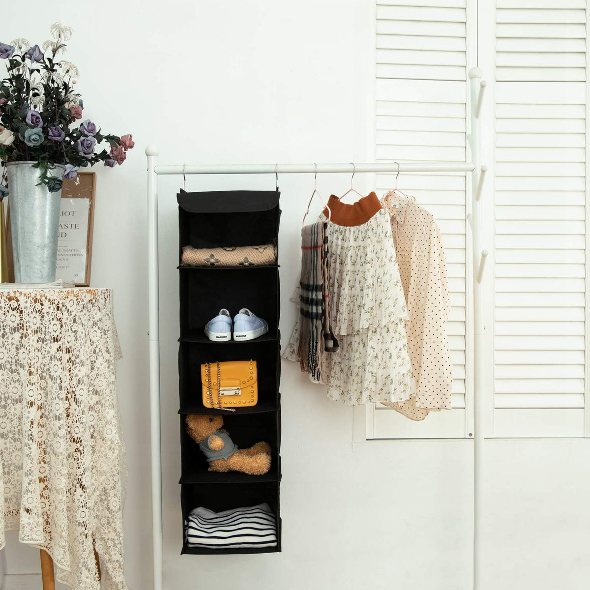 2 Pack 6 Shelves Hanging Closet Organizer with 2 Drawer, Hanging Storage with 4 Side Pockets for Clothes Shoes, 43.5"x12"x12"(Gray)