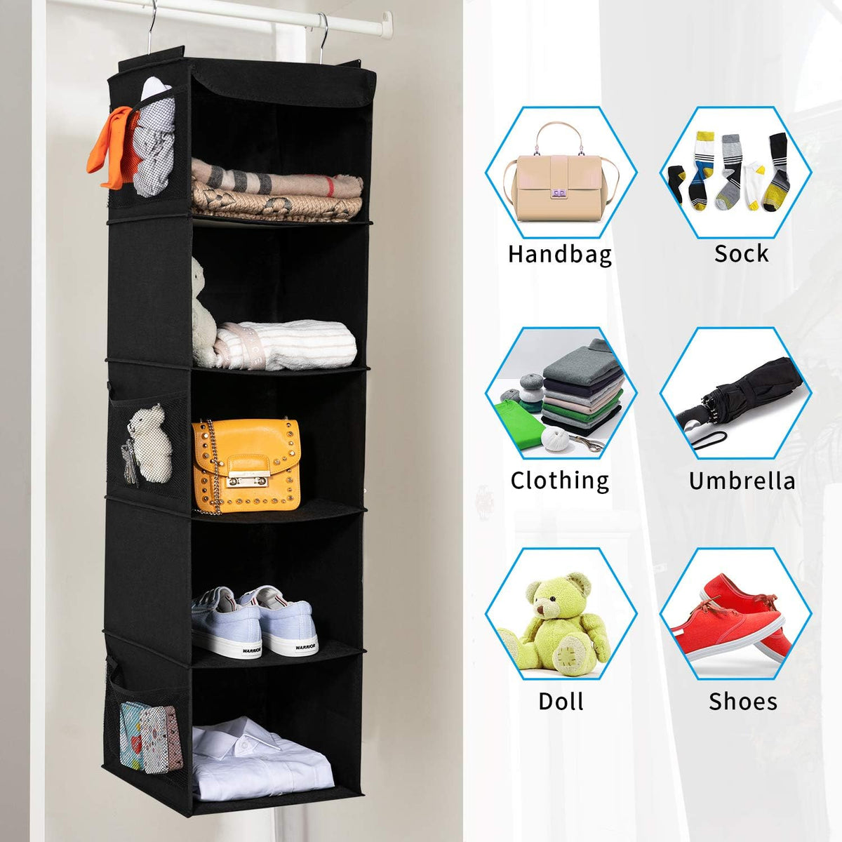 2 Pack 6 Shelves Hanging Closet Organizer with 2 Drawer, Hanging Storage with 4 Side Pockets for Clothes Shoes, 43.5"x12"x12"(Gray)