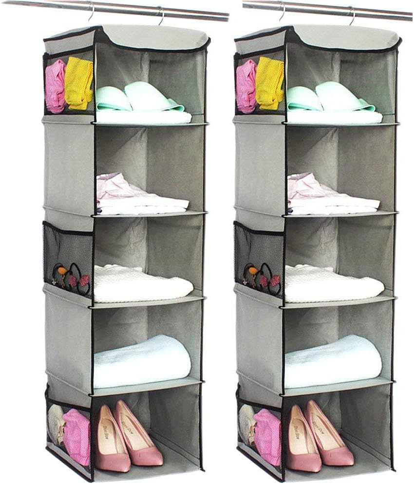 2 Pack 6 Shelves Hanging Closet Organizer with 2 Drawer, Hanging Storage with 4 Side Pockets for Clothes Shoes, 43.5"x12"x12"(Gray)