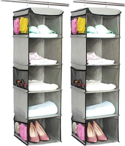 2 Pack 6 Shelves Hanging Closet Organizer with 2 Drawer, Hanging Storage with 4 Side Pockets for Clothes Shoes, 43.5"x12"x12"(Gray)