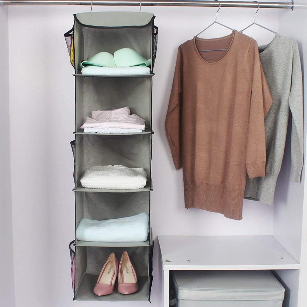 2 Pack 6 Shelves Hanging Closet Organizer with 2 Drawer, Hanging Storage with 4 Side Pockets for Clothes Shoes, 43.5"x12"x12"(Gray)