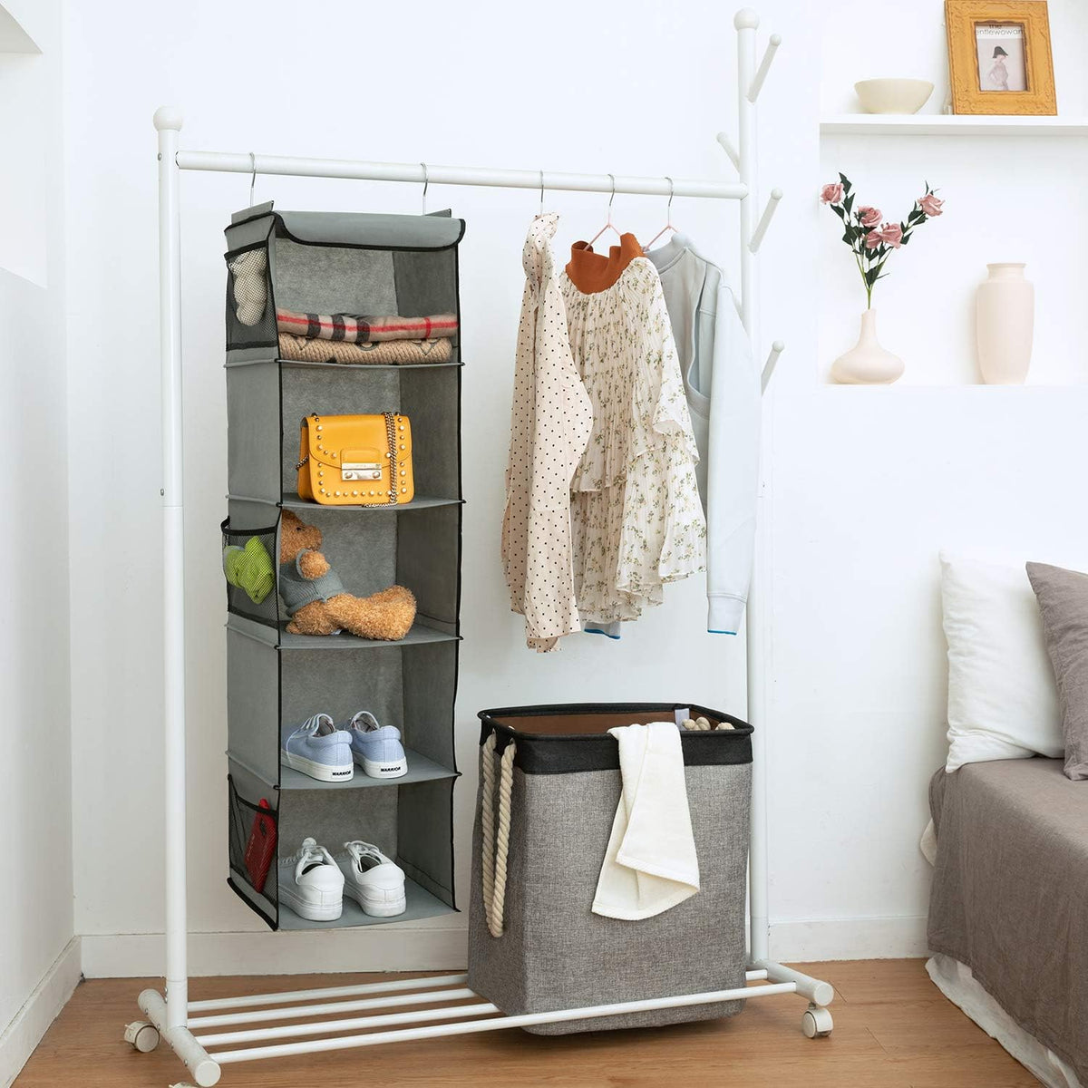 2 Pack 6 Shelves Hanging Closet Organizer with 2 Drawer, Hanging Storage with 4 Side Pockets for Clothes Shoes, 43.5"x12"x12"(Gray)