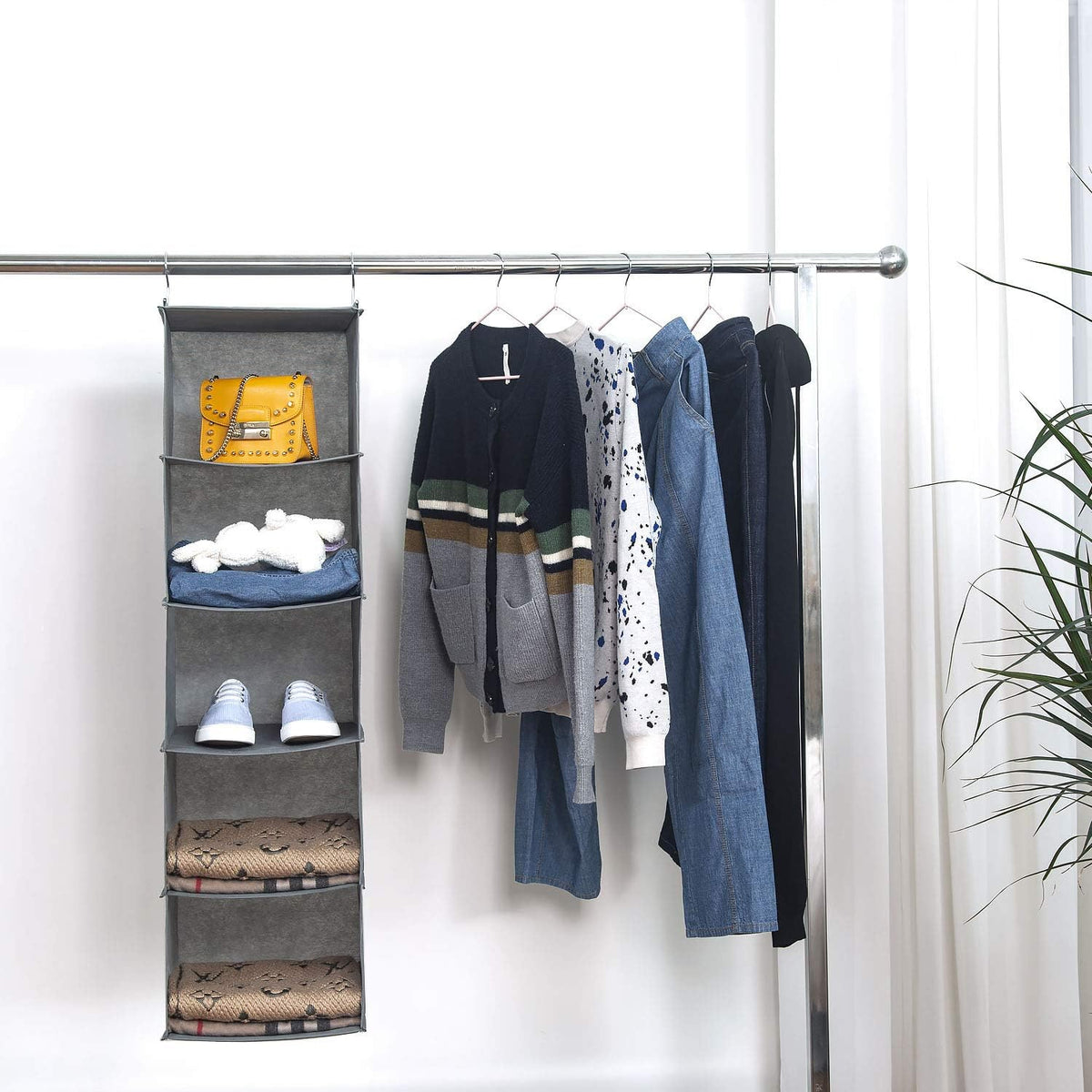 2 Pack 6 Shelves Hanging Closet Organizer with 2 Drawer, Hanging Storage with 4 Side Pockets for Clothes Shoes, 43.5"x12"x12"(Gray)