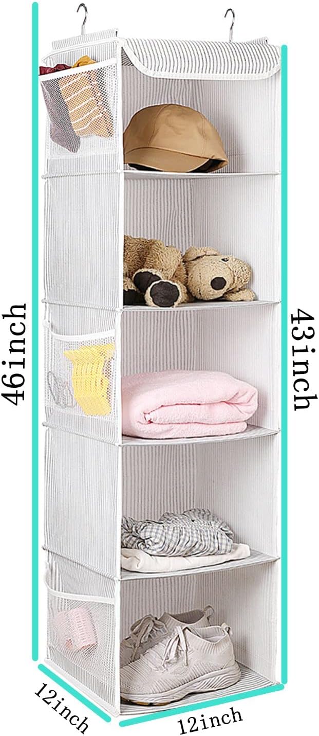 2 Pack 6 Shelves Hanging Closet Organizer with 2 Drawer, Hanging Storage with 4 Side Pockets for Clothes Shoes, 43.5"x12"x12"(Gray)