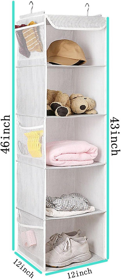 2 Pack 6 Shelves Hanging Closet Organizer with 2 Drawer, Hanging Storage with 4 Side Pockets for Clothes Shoes, 43.5"x12"x12"(Gray)