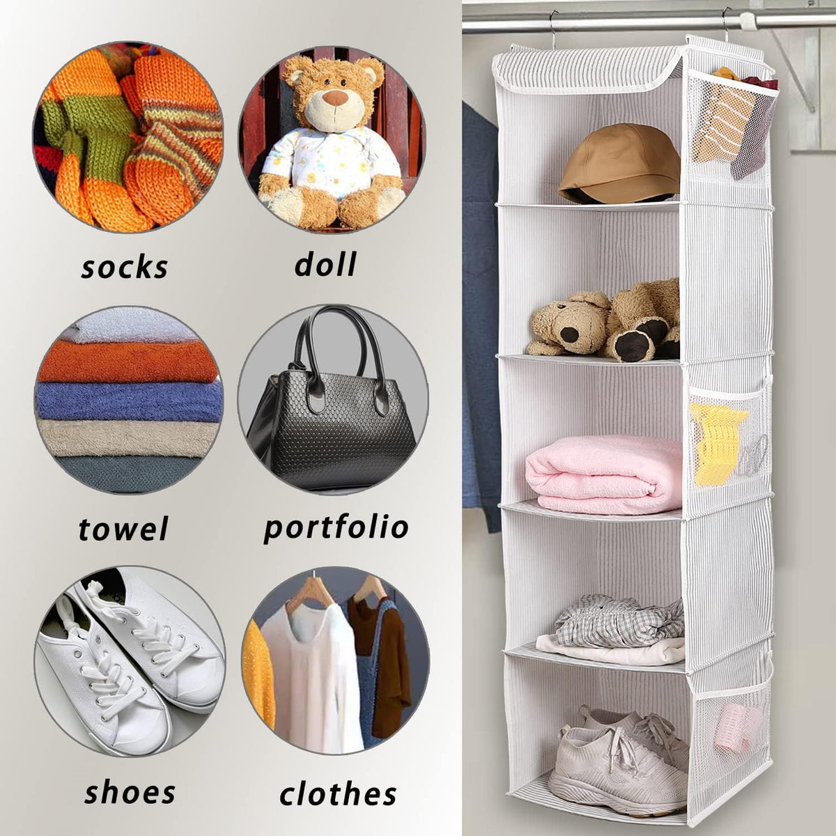 2 Pack 6 Shelves Hanging Closet Organizer with 2 Drawer, Hanging Storage with 4 Side Pockets for Clothes Shoes, 43.5"x12"x12"(Gray)