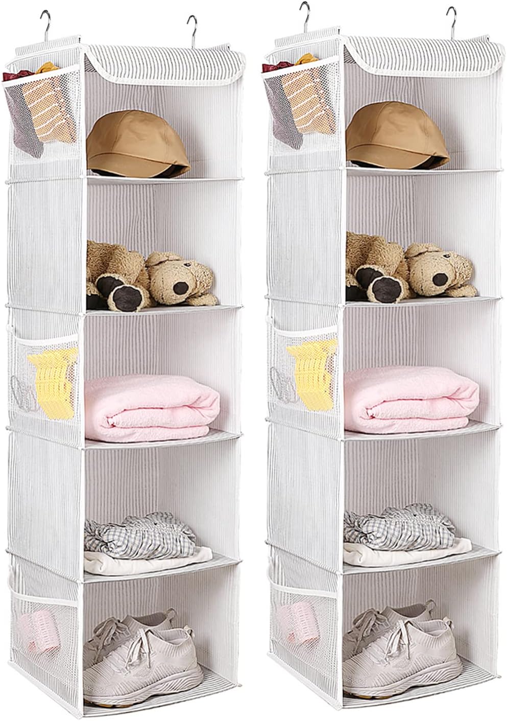 2 Pack 6 Shelves Hanging Closet Organizer with 2 Drawer, Hanging Storage with 4 Side Pockets for Clothes Shoes, 43.5"x12"x12"(Gray)