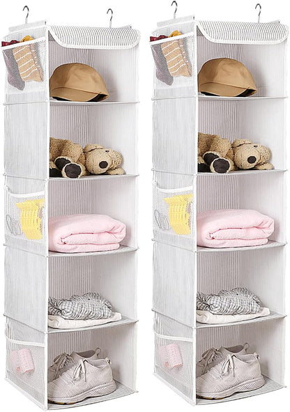 2 Pack 6 Shelves Hanging Closet Organizer with 2 Drawer, Hanging Storage with 4 Side Pockets for Clothes Shoes, 43.5"x12"x12"(Gray)