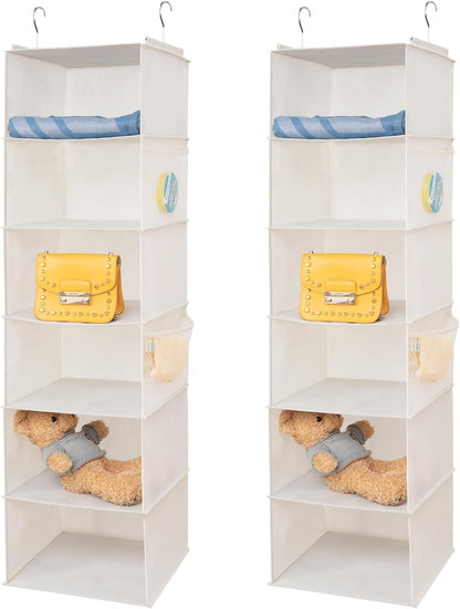 2 Pack 6 Shelves Hanging Closet Organizer with 2 Drawer, Hanging Storage with 4 Side Pockets for Clothes Shoes, 43.5"x12"x12"(Gray)