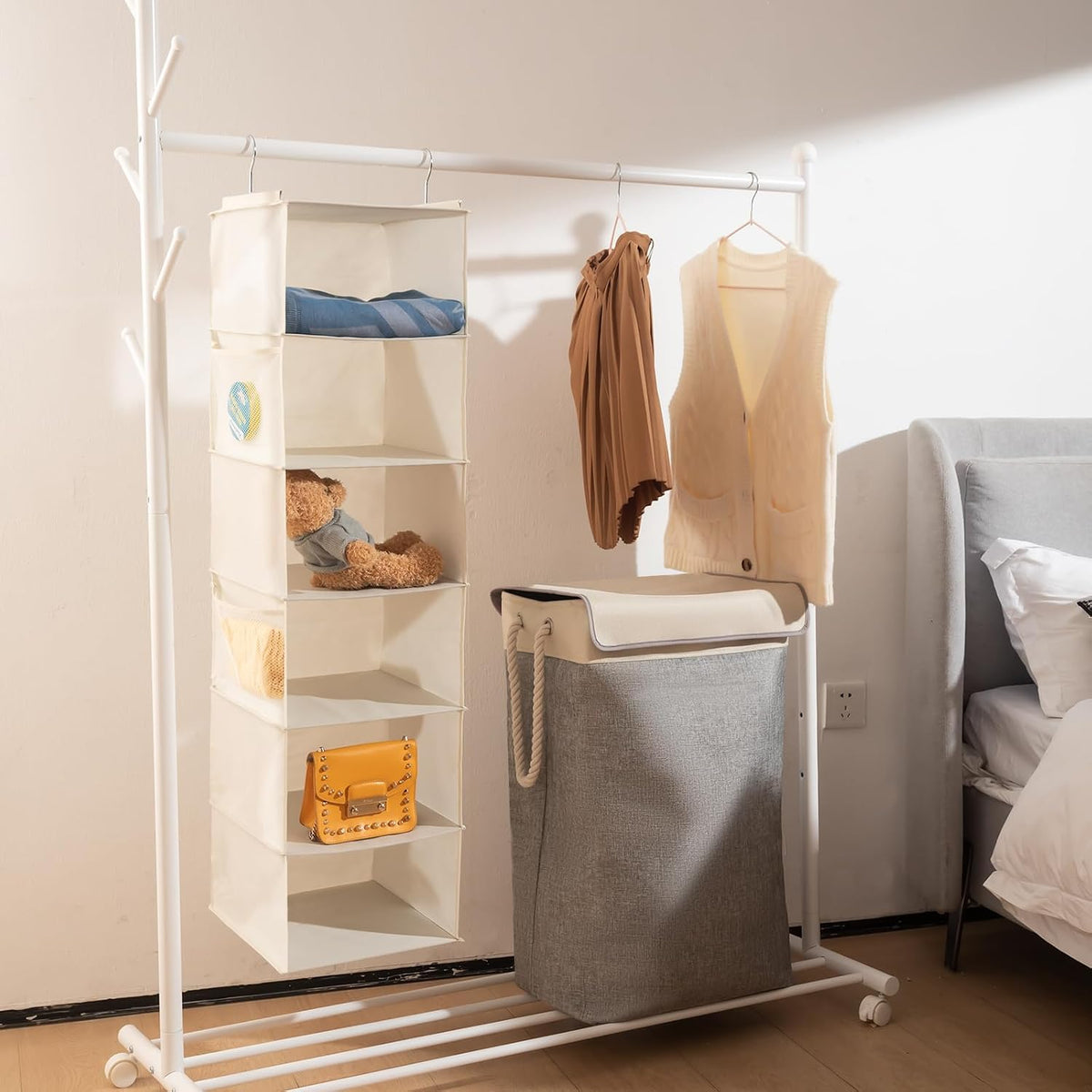 2 Pack 6 Shelves Hanging Closet Organizer with 2 Drawer, Hanging Storage with 4 Side Pockets for Clothes Shoes, 43.5"x12"x12"(Gray)