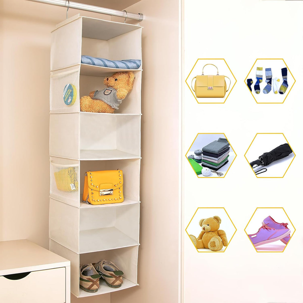 2 Pack 6 Shelves Hanging Closet Organizer with 2 Drawer, Hanging Storage with 4 Side Pockets for Clothes Shoes, 43.5"x12"x12"(Gray)